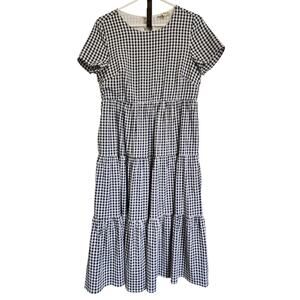 Gingham Midi Dress Navy/White Cottagecore Modest Sz M Cottage